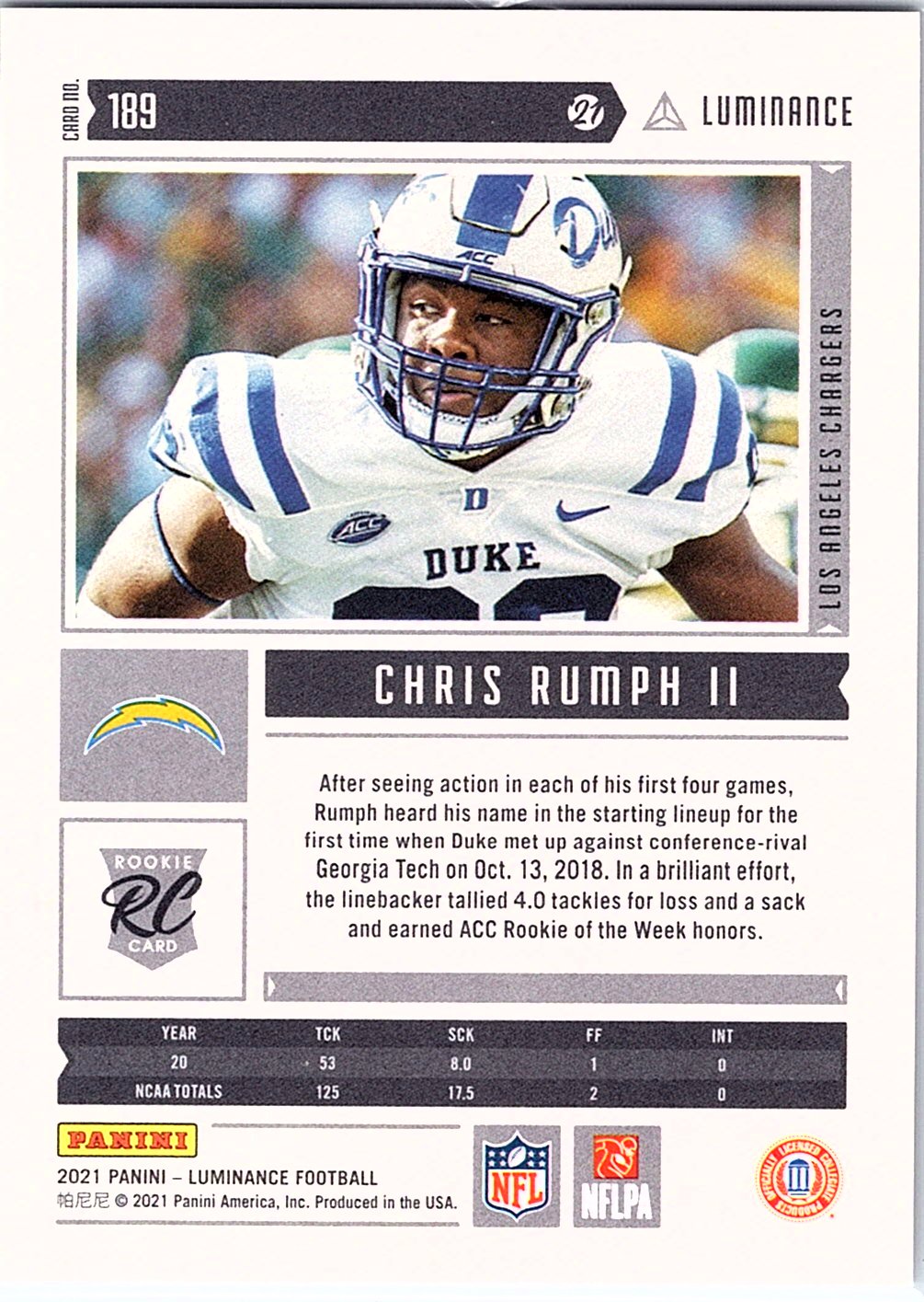 2021 Panini Luminance #189 Chris Rumph II Gold #/299