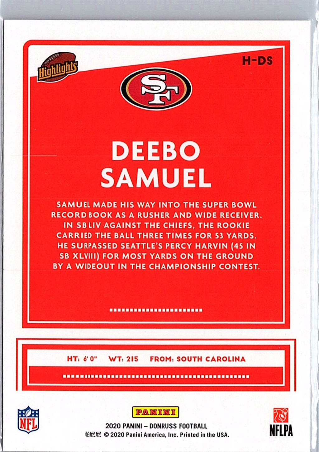2020 Donruss #H-DS Deebo Samuel Highlights