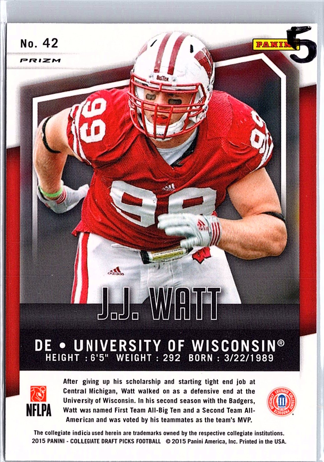 2015 Panini Prizm Collegiate Draft Picks #42 J.J. Watt Prizms
