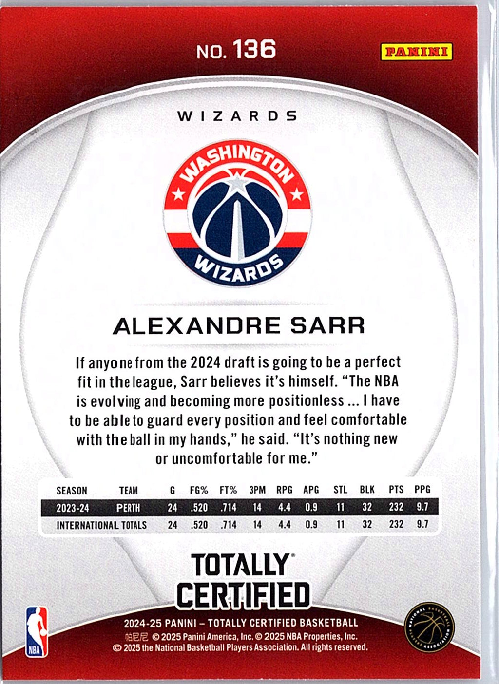 2024-25 Panini Totally Certified #136 Alexandre Sarr Mirror Maroon