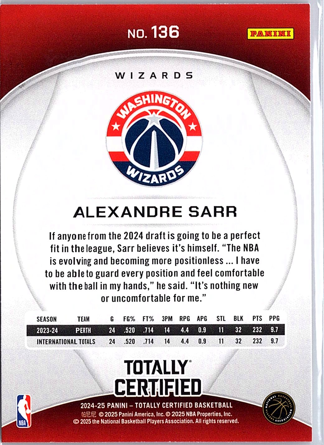 2024-25 Panini Totally Certified #136 Alexandre Sarr Mirror Maroon