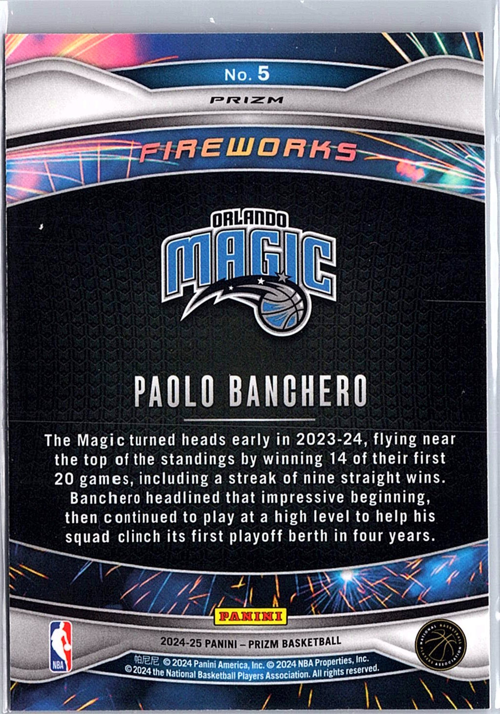 2024-25 Panini Prizm #5 Paolo Banchero Fireworks Prizms Fast Break