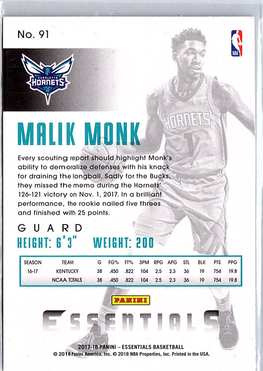 2017-18 Panini Essentials #91 Malik Monk Orange