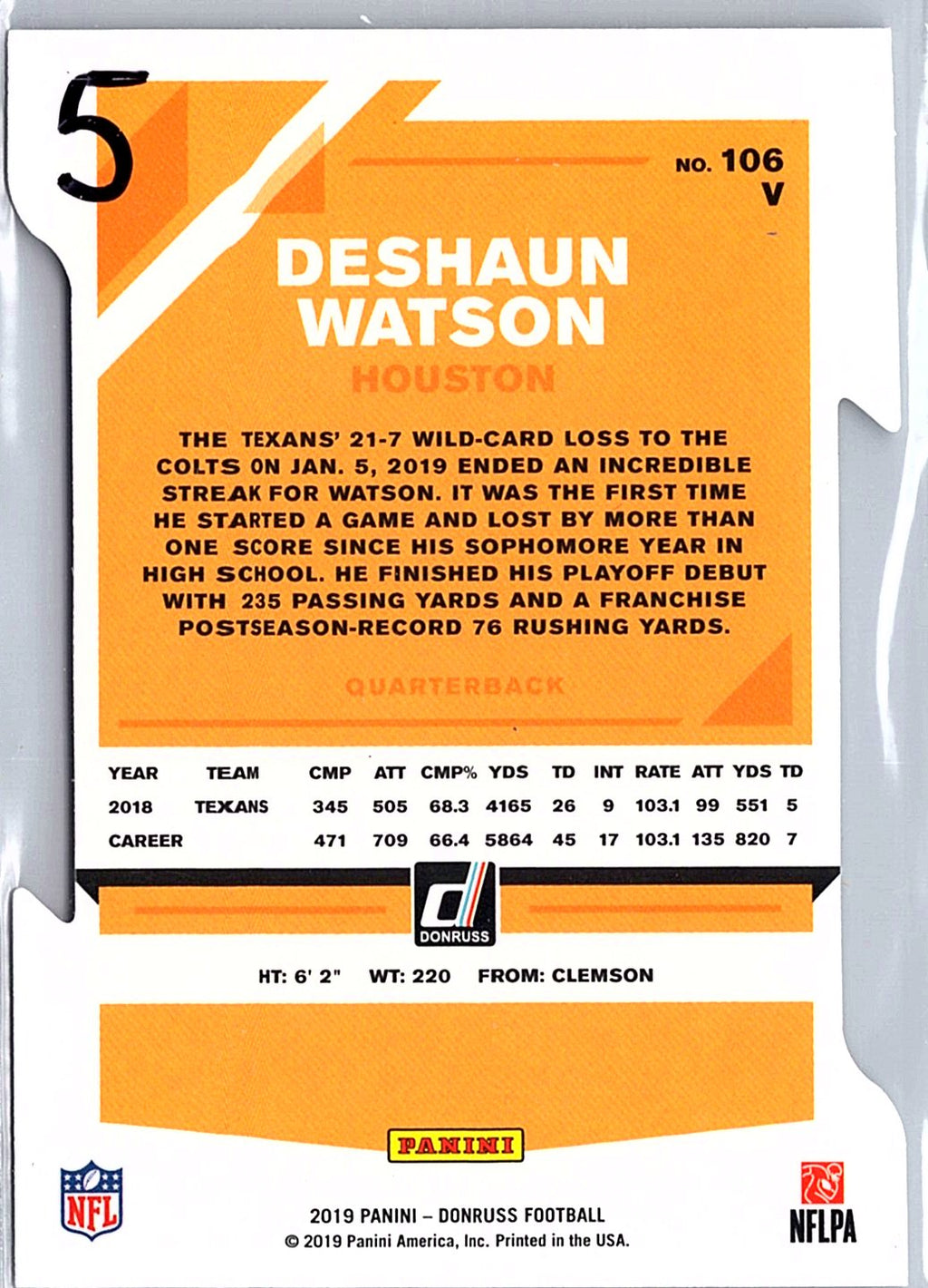 2019 Donruss #106 Deshaun Watson Press Proof Silver Die Cut Draft day #/75