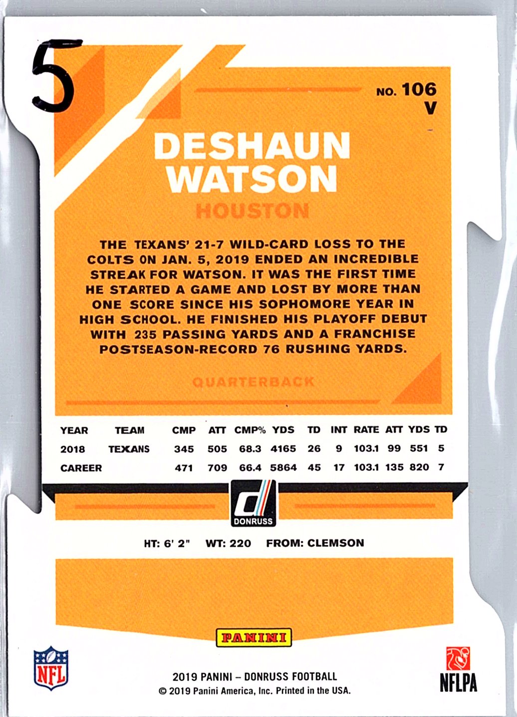 2019 Donruss #106 Deshaun Watson Press Proof Silver Die Cut Draft day #/75