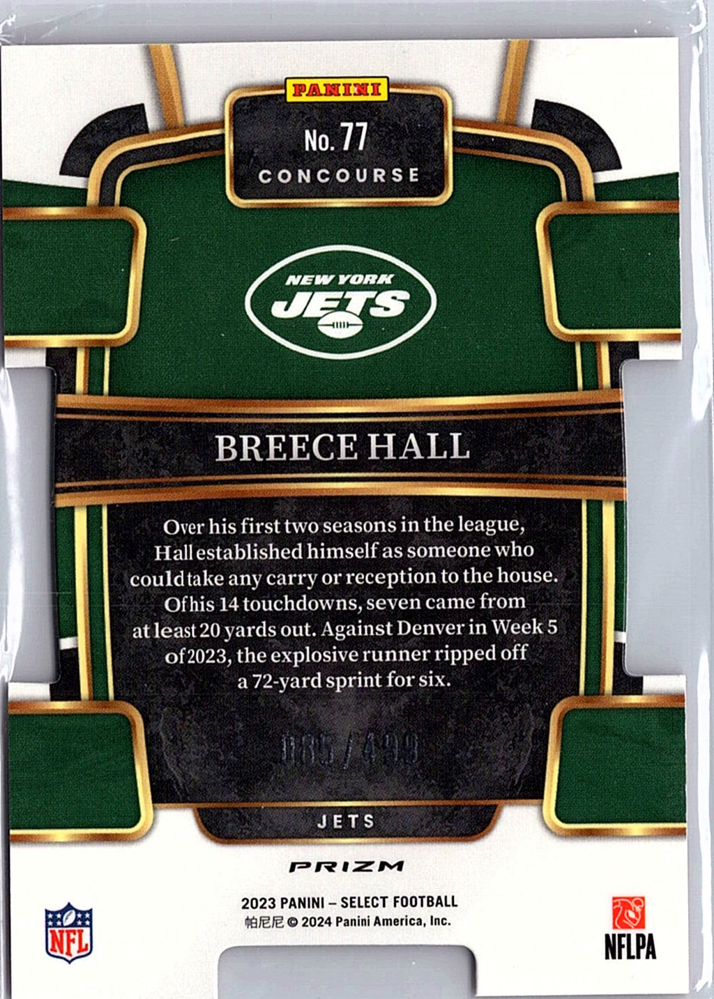 2023 Panini Select #77 Breece Hall Orange Prizms Die Cuts #/499