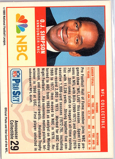 1989 Pro Set #29 O.J. Simpson Announcer Collectibles