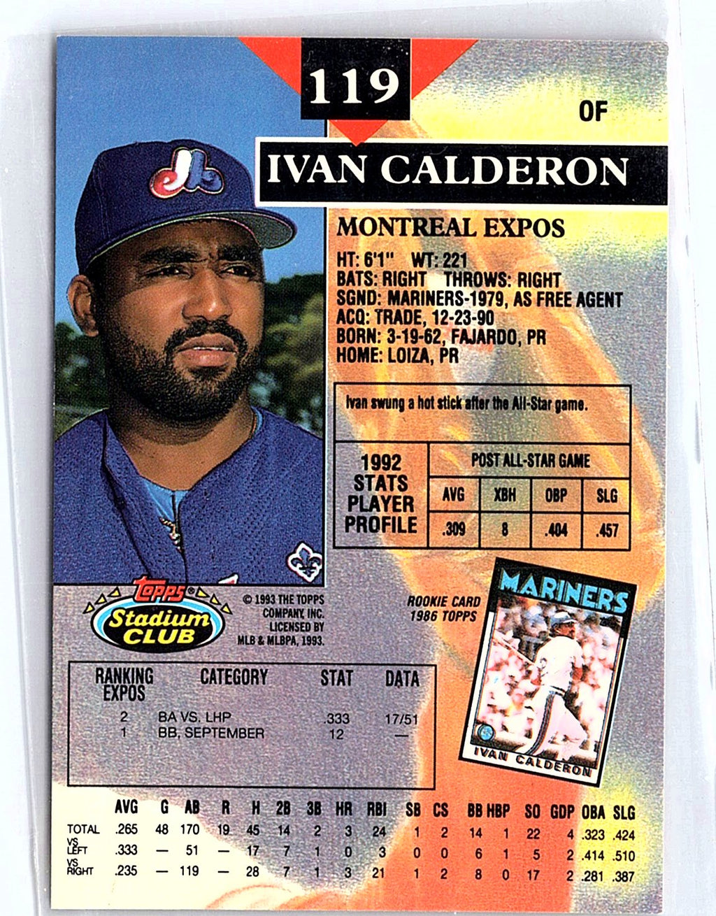 1993 Stadium Club #119 Ivan Calderon First Day Production