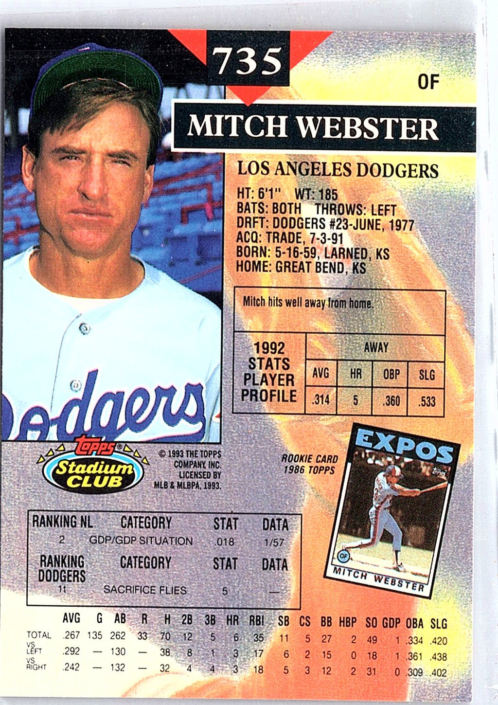 1993 Stadium Club #735 Mitch Webster First Day Production