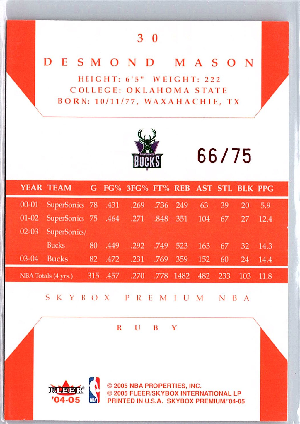 2004-05 SkyBox Premium #30 Desmond Mason Ruby #/75