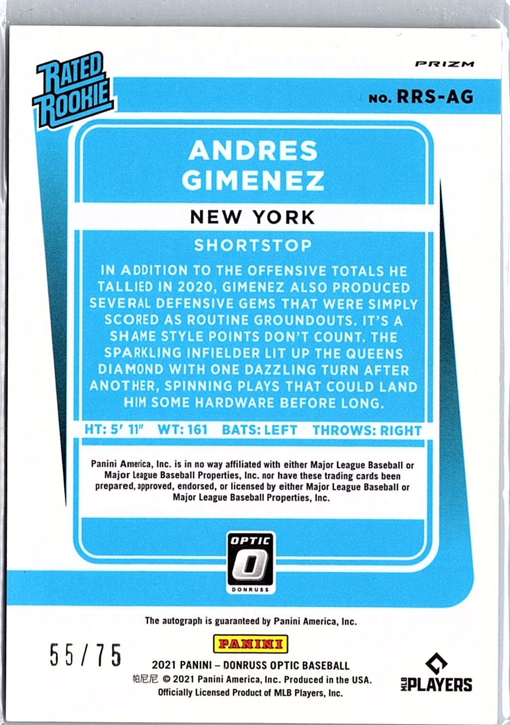 2021 Donruss Optic #RRS-AG Andres Gimenez Rated Rookie Signatures Green /75