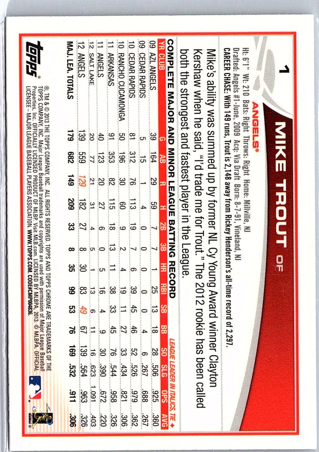 2013 Topps Chrome #1 Mike Trout Sliding