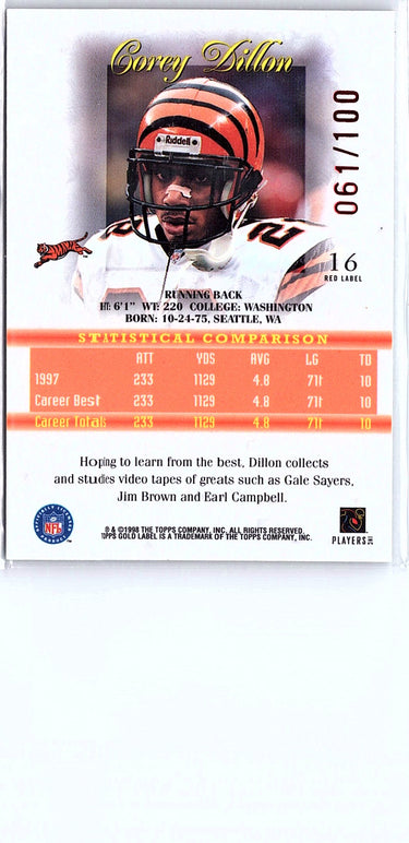 1998 Topps Gold Label #16 Corey Dillon Class 1 Red Label #/100