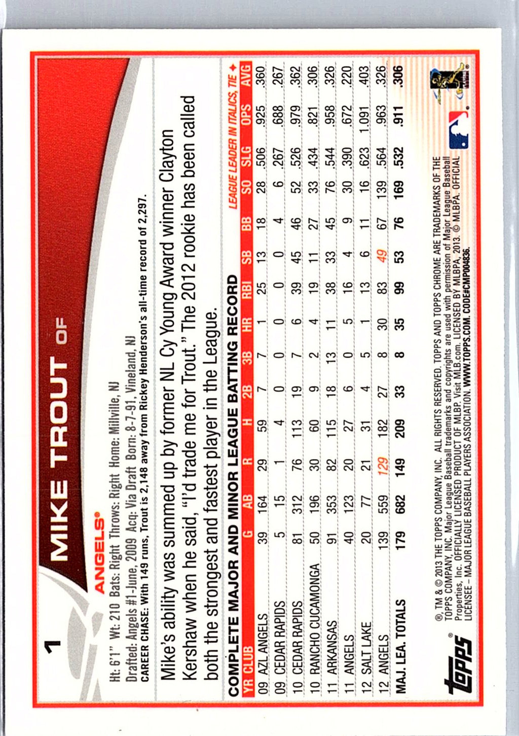 2013 Topps Chrome #1 Mike Trout Sliding