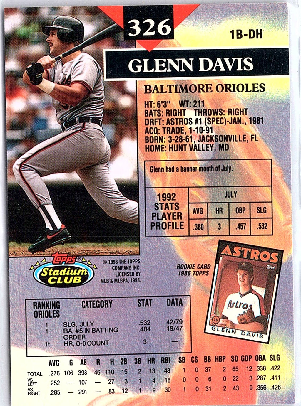 1993 Stadium Club #326 Glenn Davis First Day Production