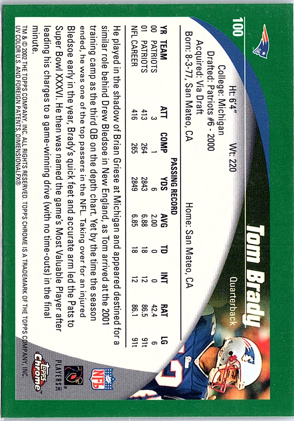2002 Topps Chrome #100 Tom Brady