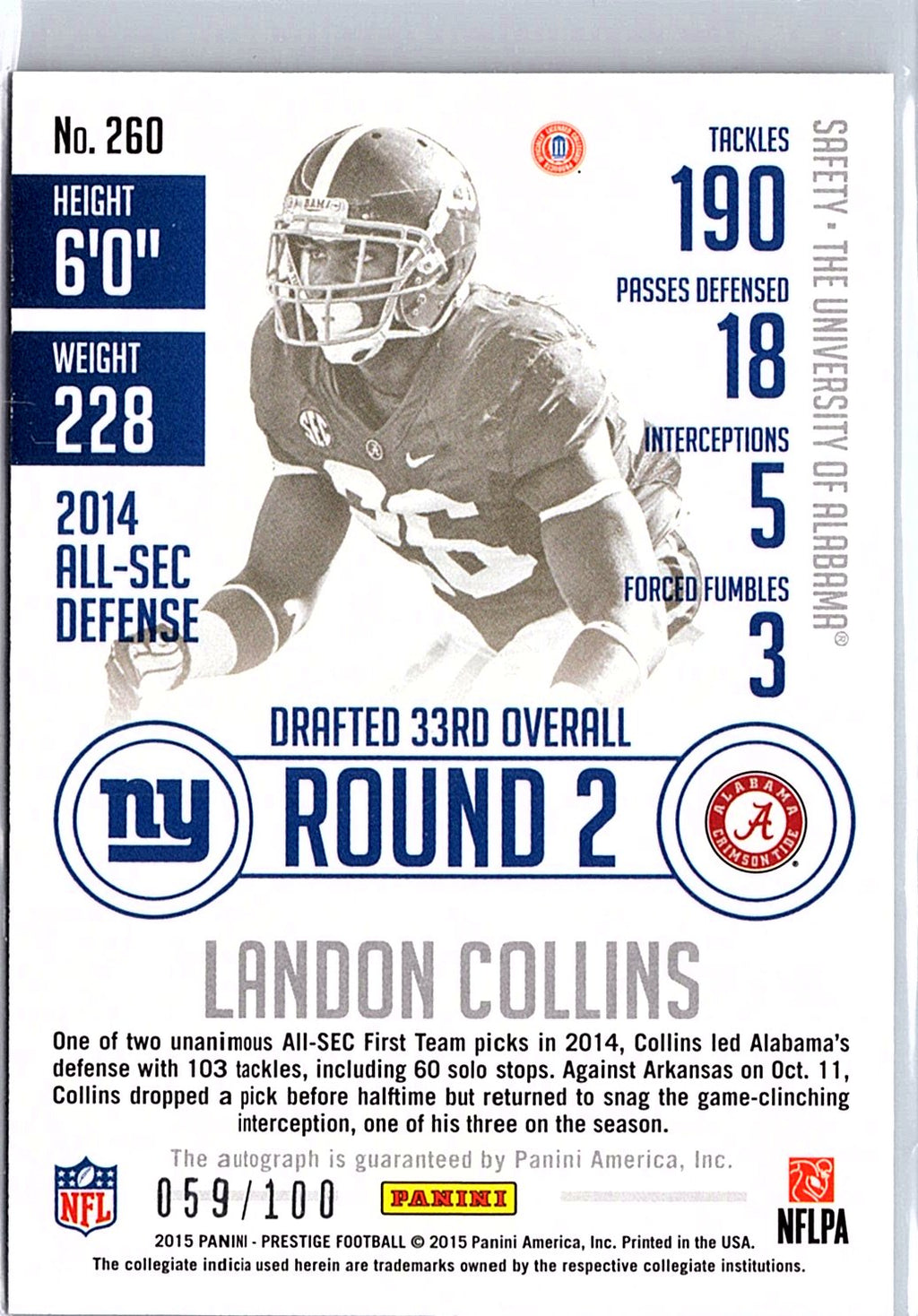 2015 Panini Prestige #260 Landon Collins Extra Points Purple #/100