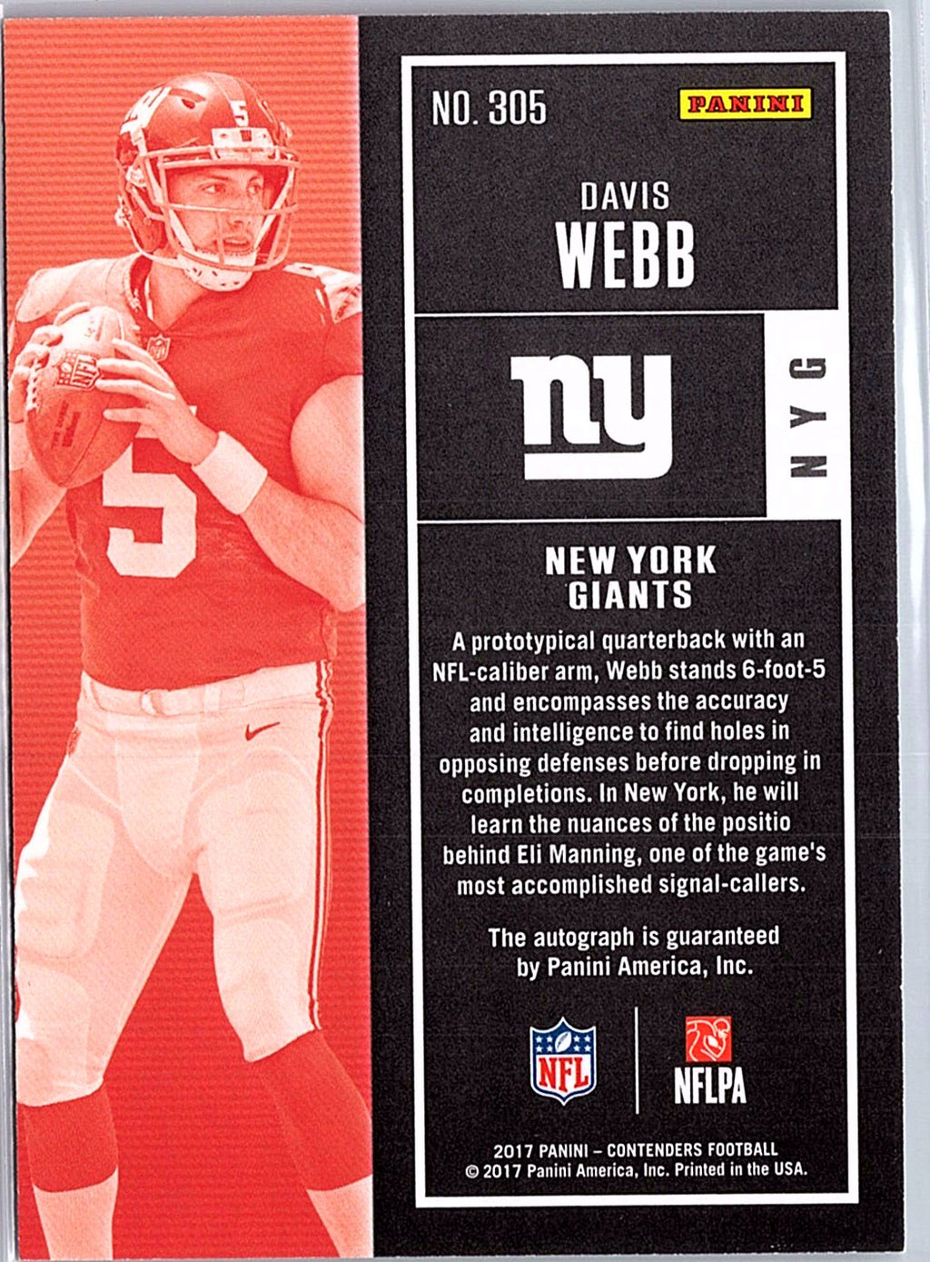2017 Panini Contenders Optic #305 Davis Webb Rookie Ticket Auto