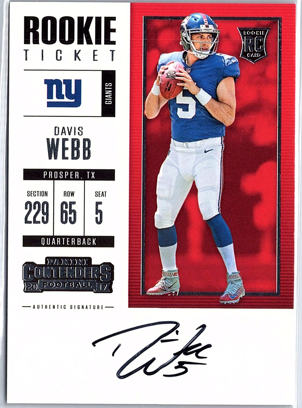 2017 Panini Contenders Optic #305 Davis Webb Rookie Ticket Auto