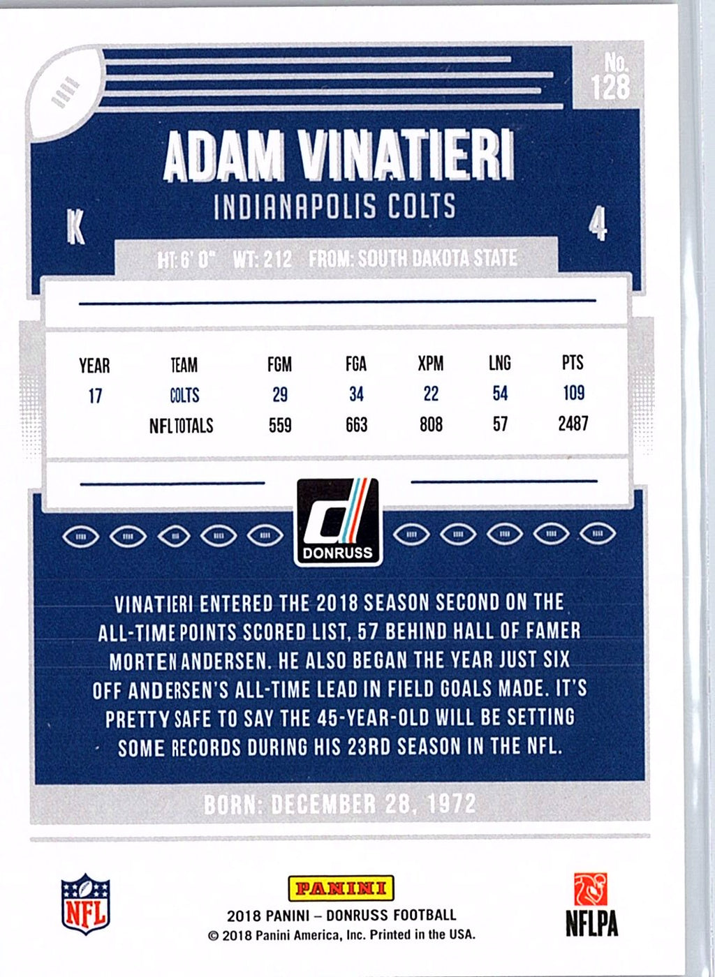 2018 Donruss #128 Adam Vinatieri Press Proof Gold #/50