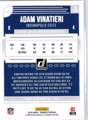 2018 Donruss #128 Adam Vinatieri Press Proof Gold #/50