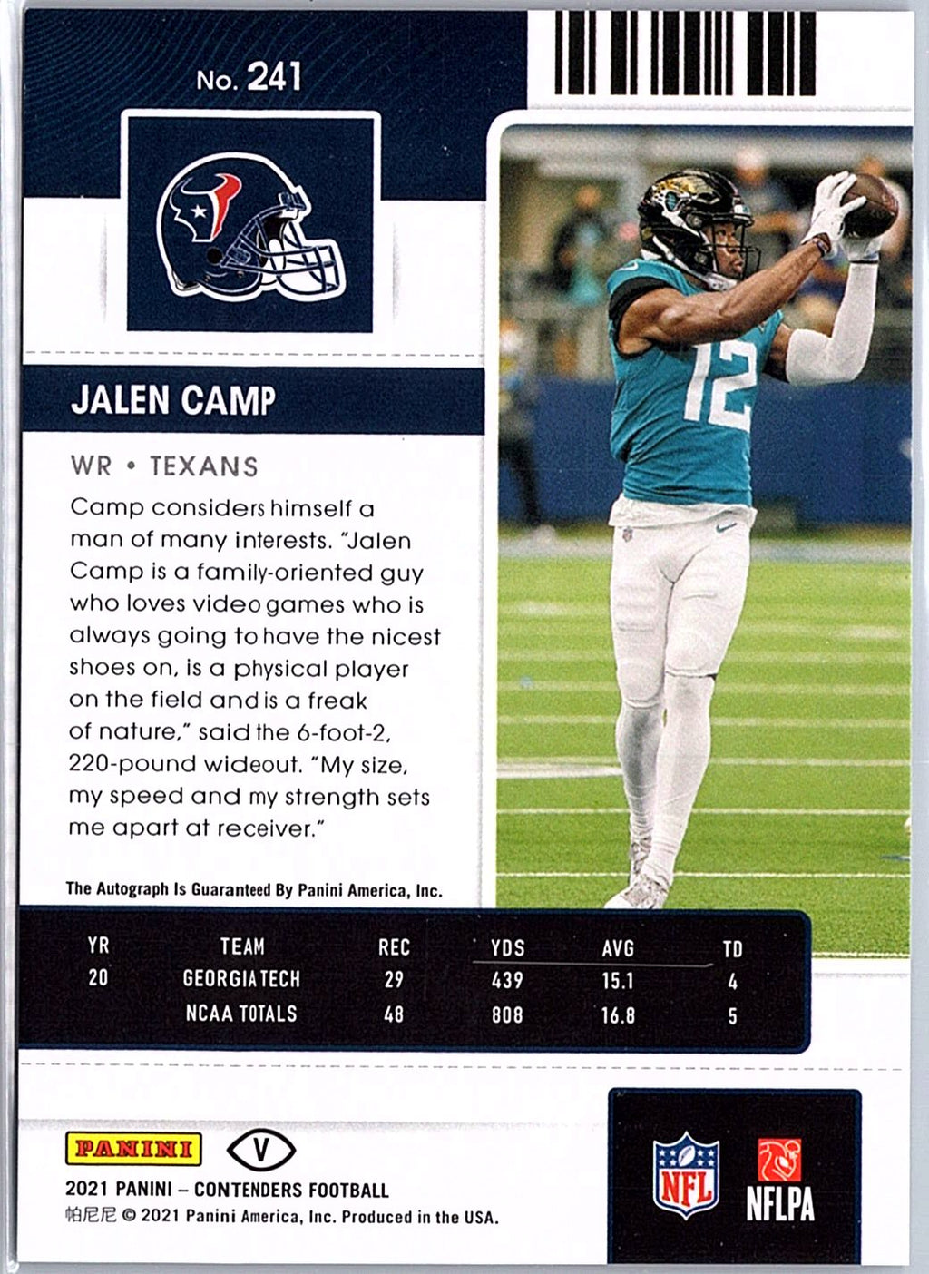 2021 Panini Contenders #241b Jalen Camp Championship Ticket #/25