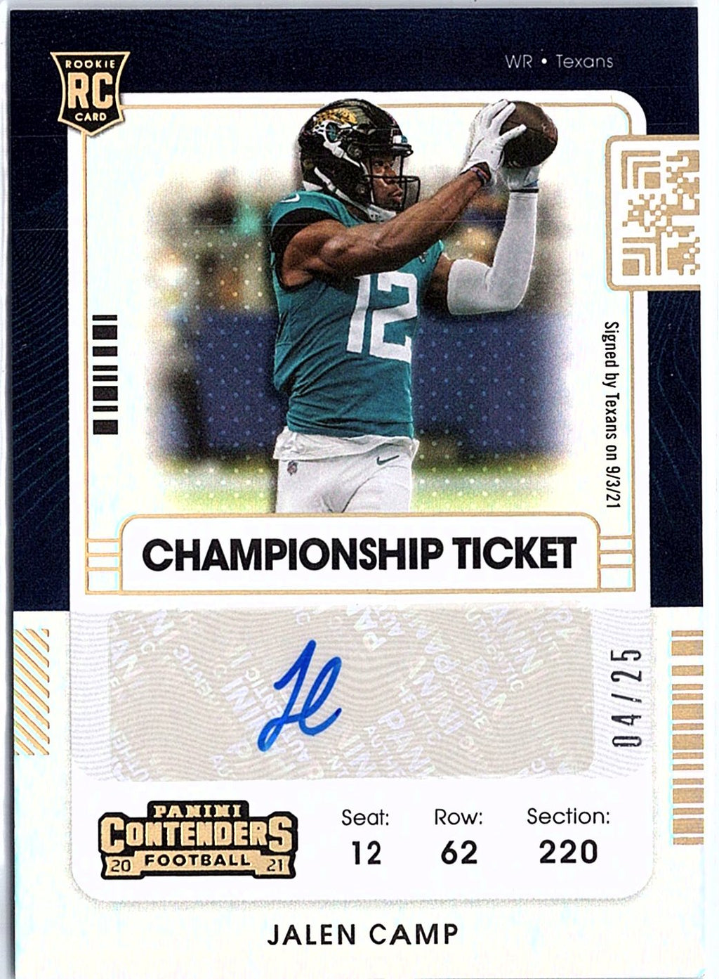 2021 Panini Contenders #241b Jalen Camp Championship Ticket #/25