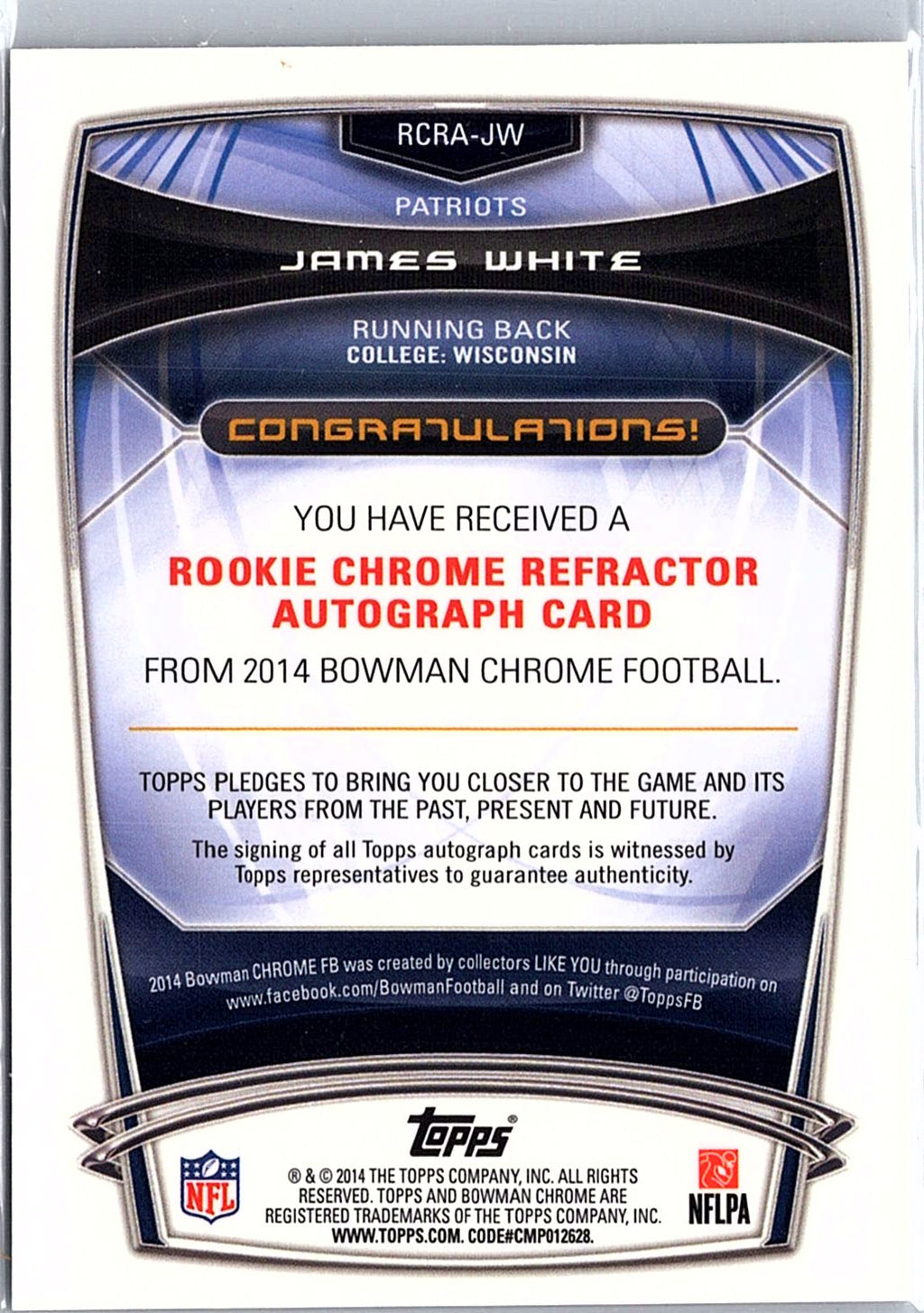 2014 Bowman Chrome #RCRA-JW James White Rookie Autographs Refractors