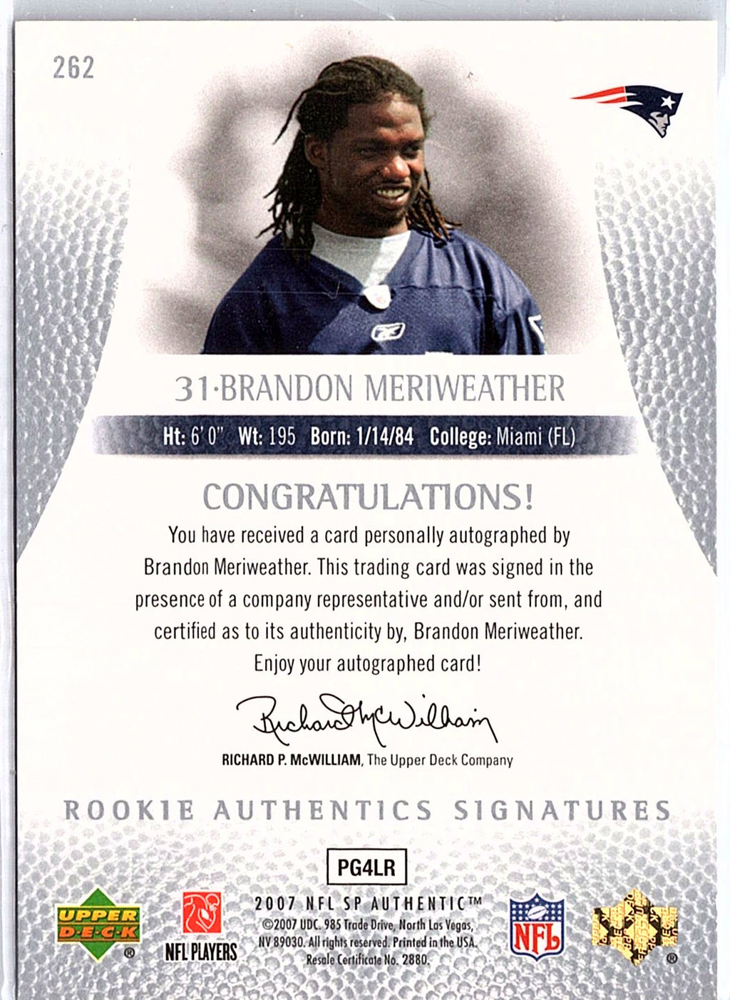 2007 SP Authentic #262 Brandon Meriweather #/399
