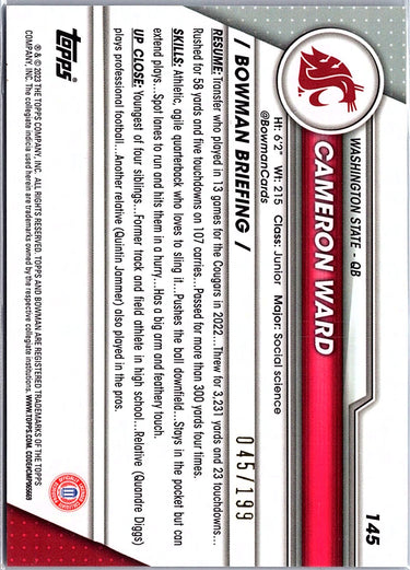 2023 Bowman University Chrome #145 Cameron Ward Blue Refractor #/199