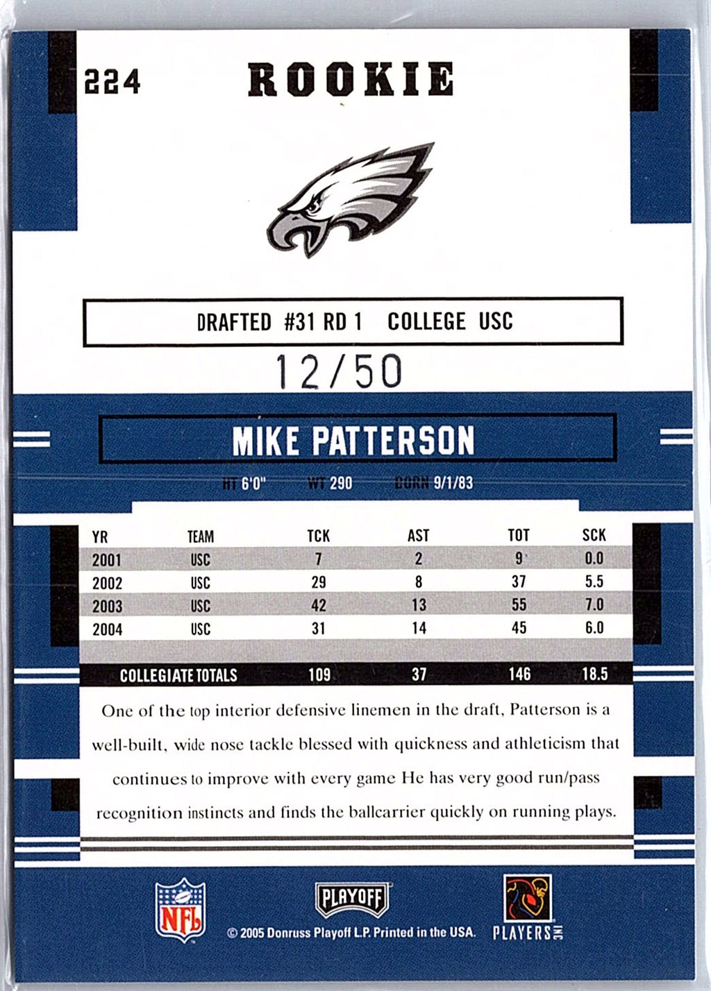 2005 Playoff Prestige #224 Mike Patterson Xtra Points Green #/50
