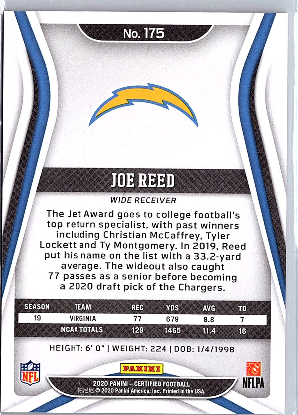 2020 Panini Certified #175 Joe Reed Mirror Purple #/10