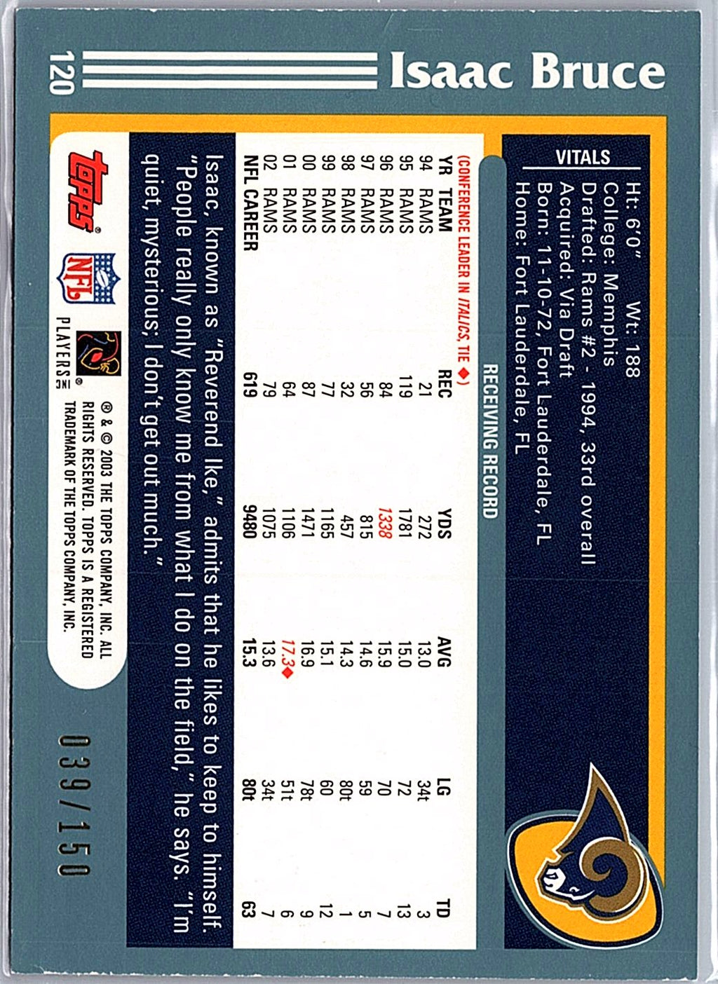 2003 Topps #120 Isaac Bruce Black #/150