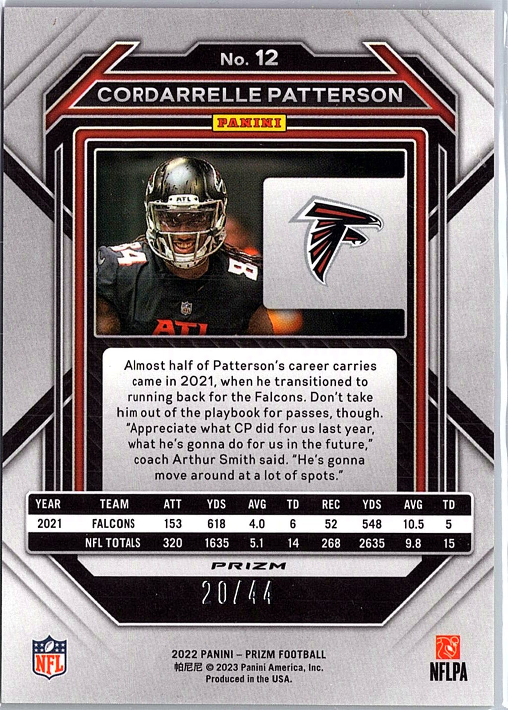 2022 Panini Prizm #12 Cordarrelle Patterson Red and Yellow #/44