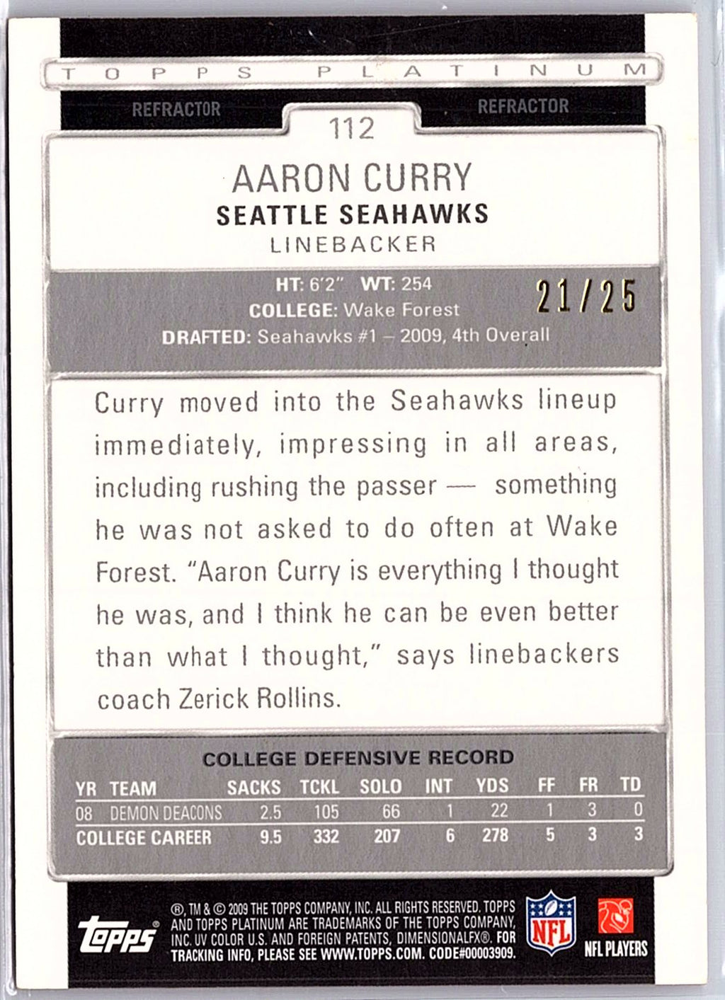 2009 Topps Platinum #112 Aaron Curry Rookie Red Refractors #/25