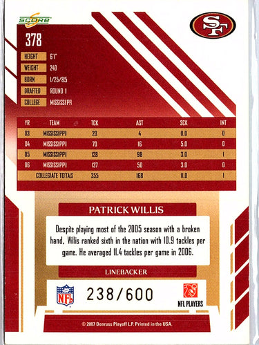 2007 Score #378 Patrick Willis Gold Zone #/600