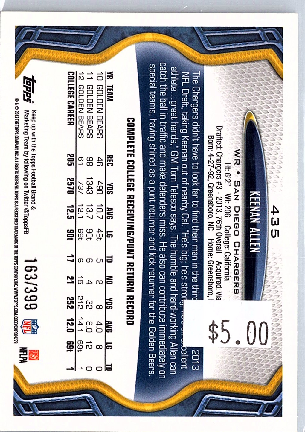 2013 Topps #435 Keenan Allen Camo #/399