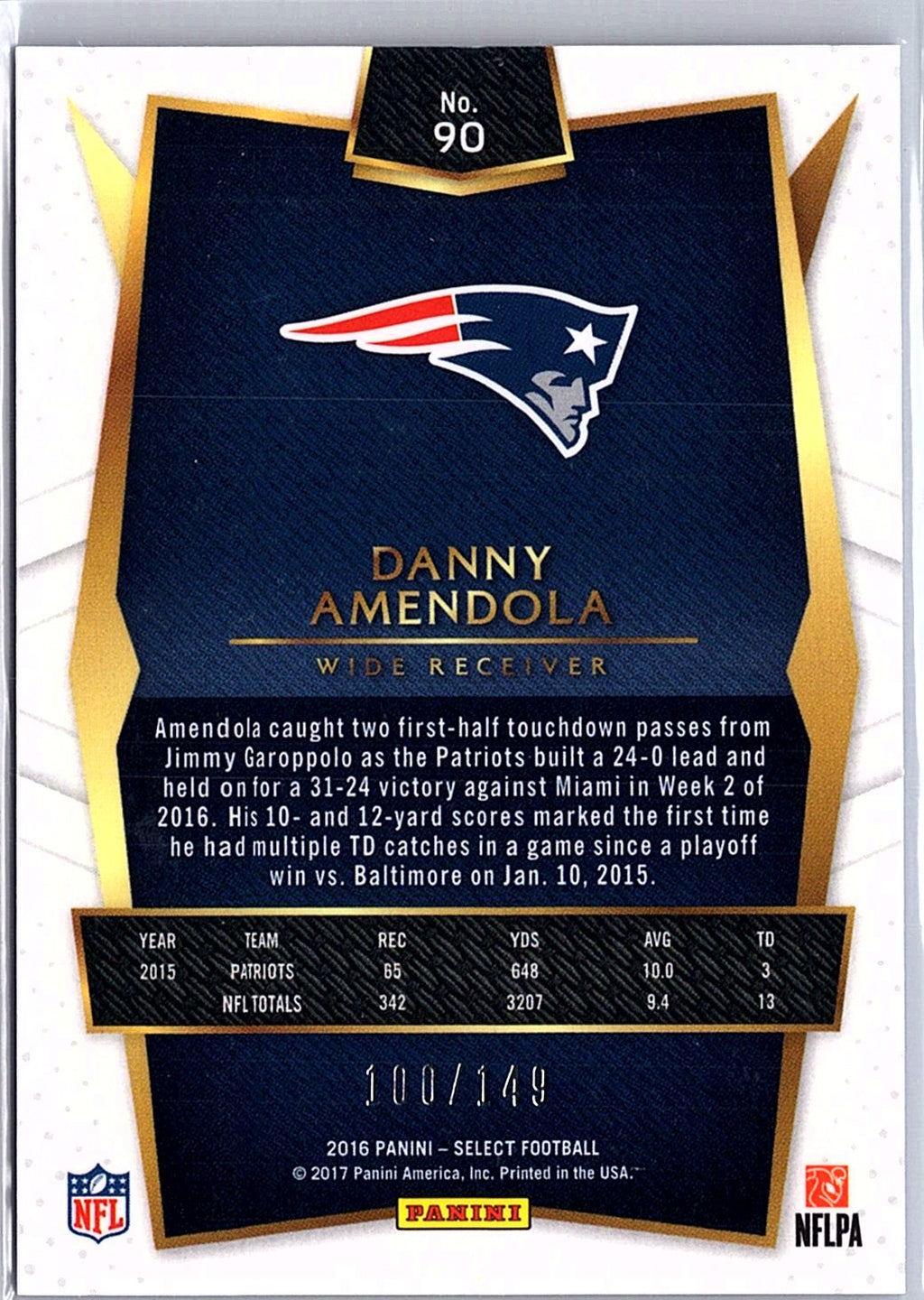 2016 Panini Select #90 Danny Amendola Blue Prizm #/149