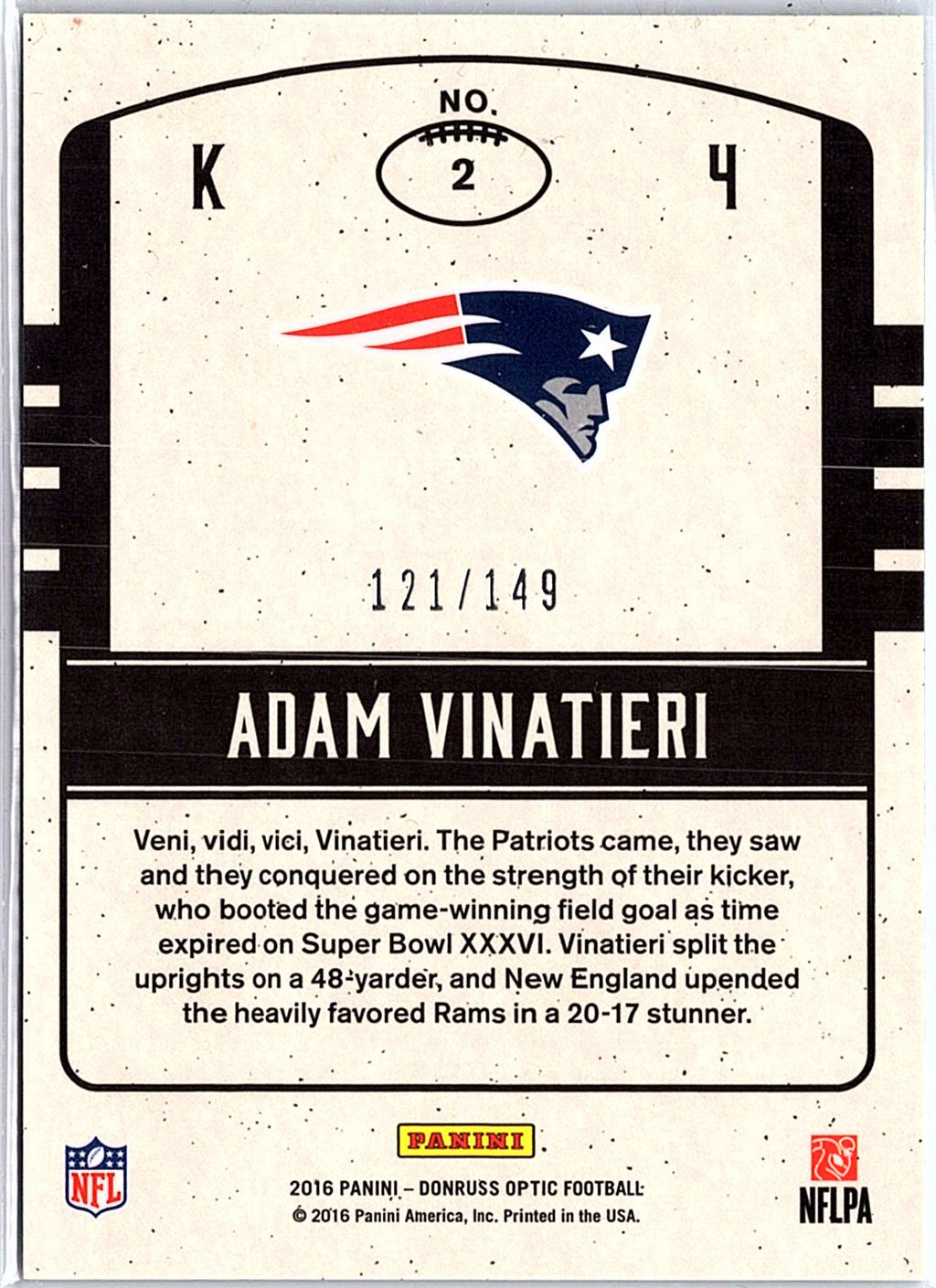 2016 Donruss Optic #2 Adam Vinatieri Legends of the Fall Blue #/149