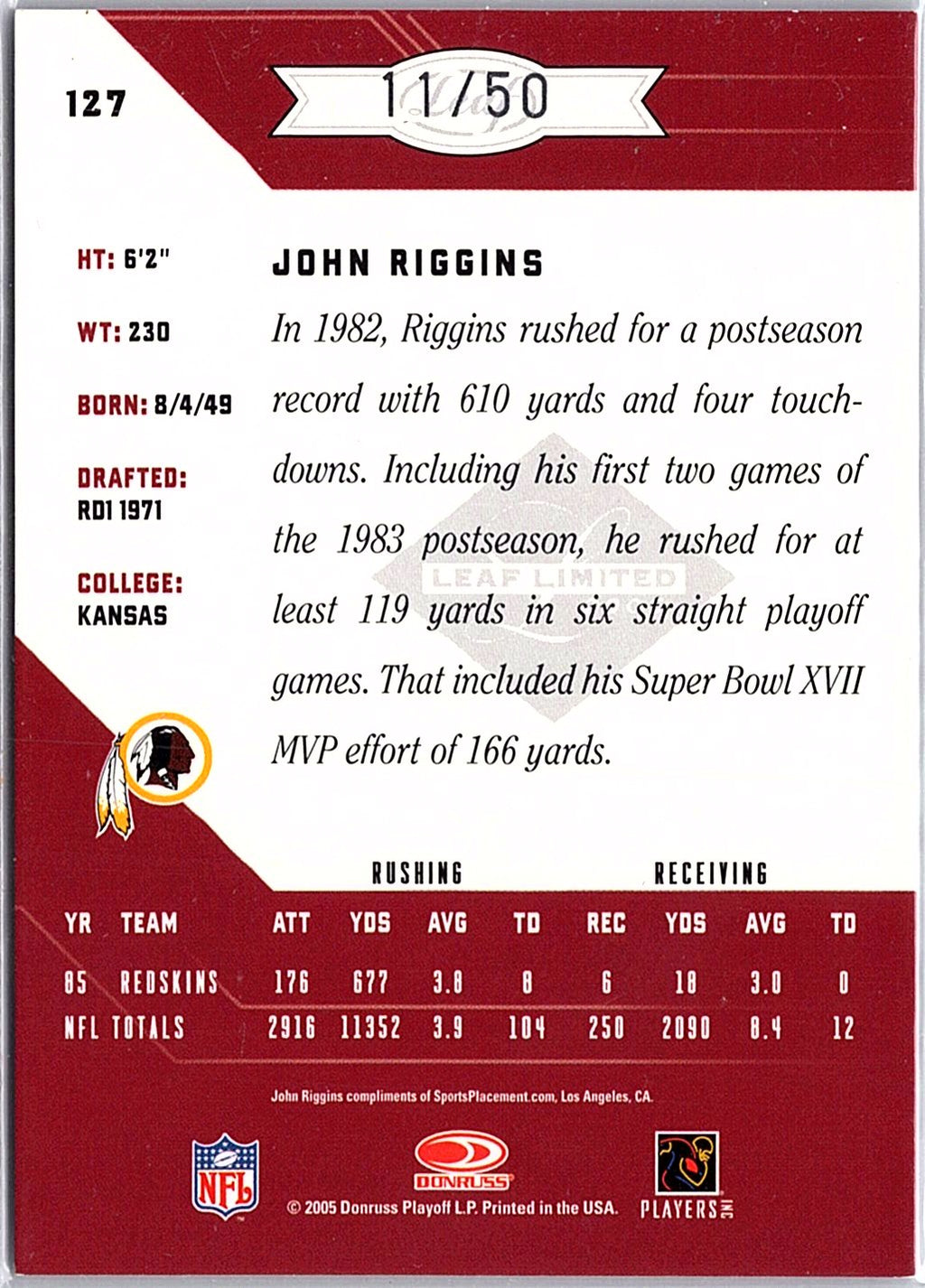 2005 Leaf Limited #127 John Riggins Silver Spotlight #/50