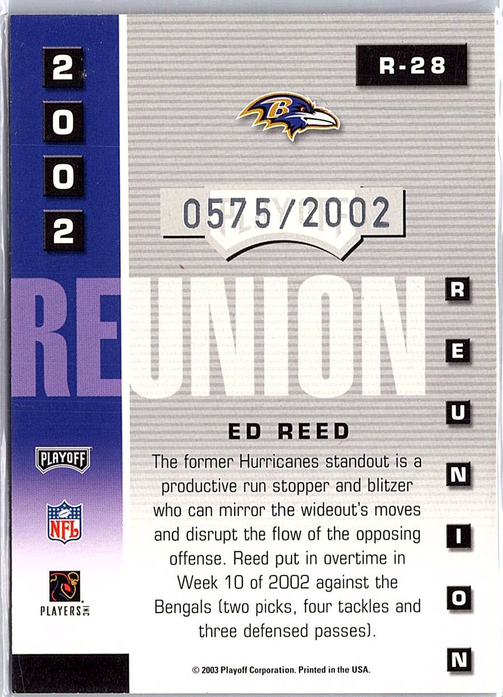 2003 Playoff Prestige #R-28 Ed Reed 2002 Reunion #/2002