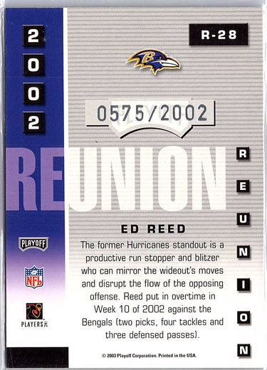 2003 Playoff Prestige #R-28 Ed Reed 2002 Reunion #/2002