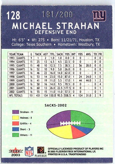 2003 Fleer Tradition #128 Michael Strahan Tiffany #/200
