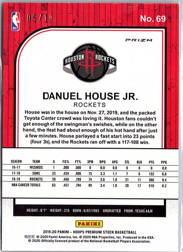 2019-20 Hoops Premium Stock #69 Danuel House Jr. Prizms Gold Laser #/10