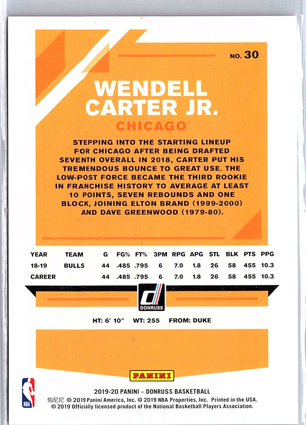 2019-20 Donruss #30 Wendell Carter Jr. Holo Red and Blue Laser #/15