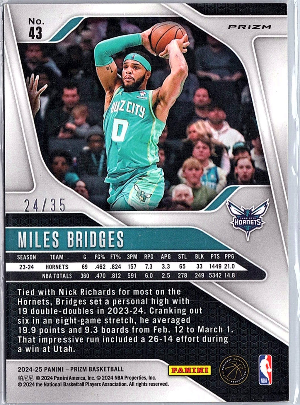 2024-25 Panini Prizm #43 Miles Bridges Prizms Purple Pulsar #/35