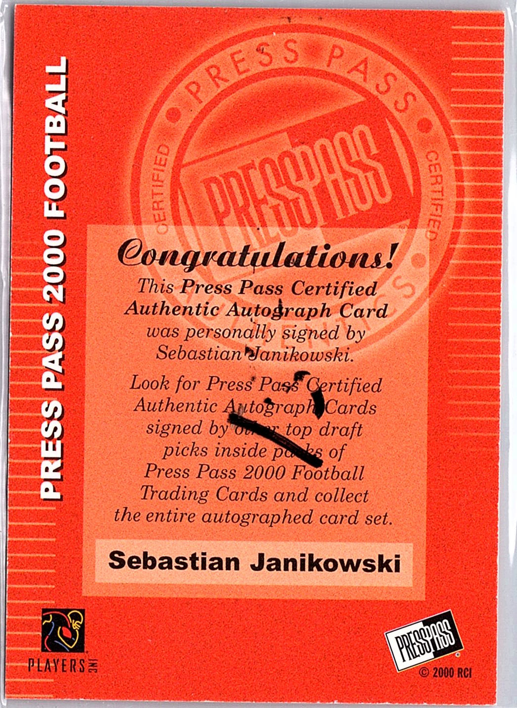2000 Press Pass #NNO Sebastian Janikowski Authentics