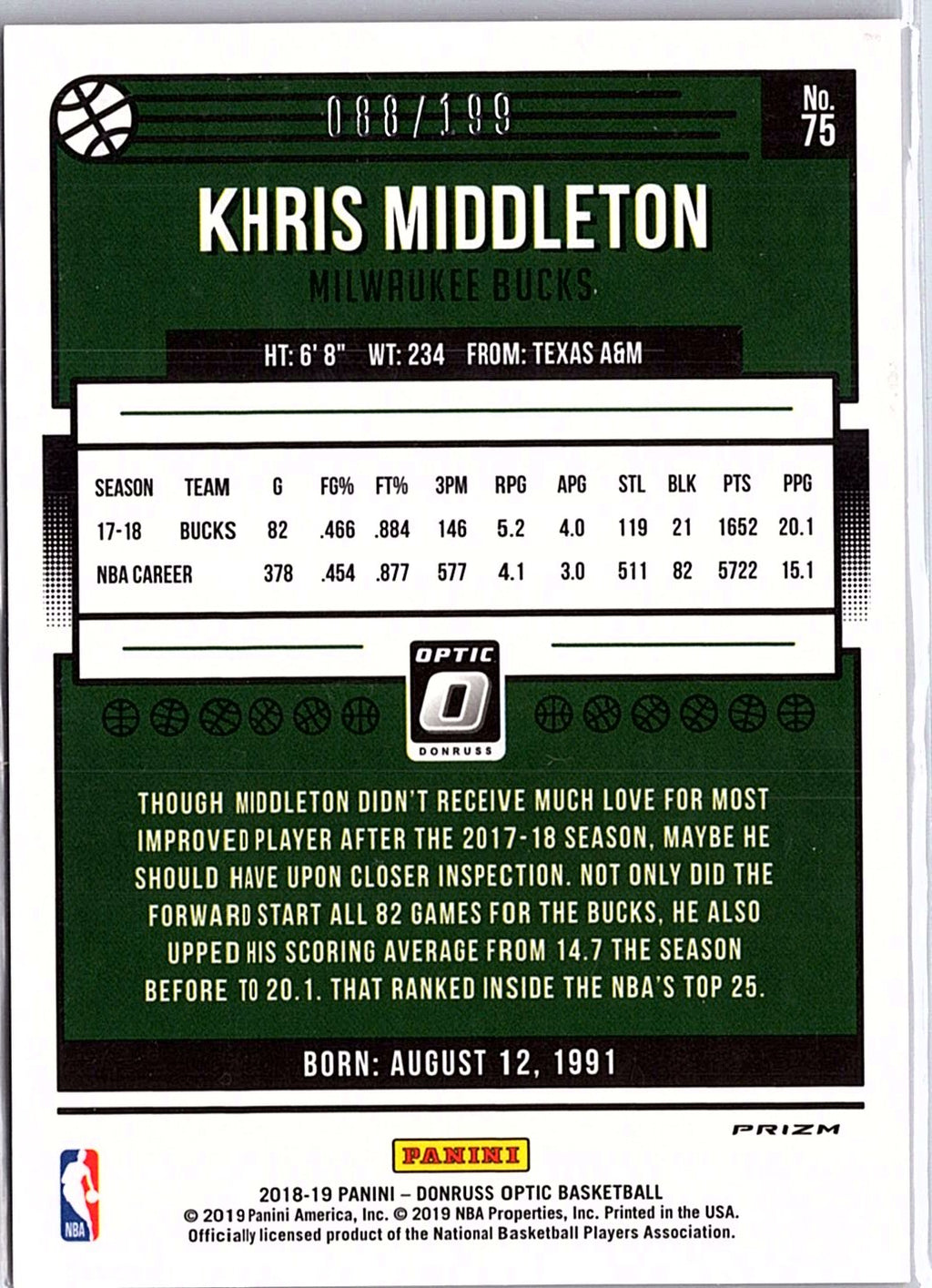 2018-19 Donruss Optic #75 Khris Middleton Orange #/199