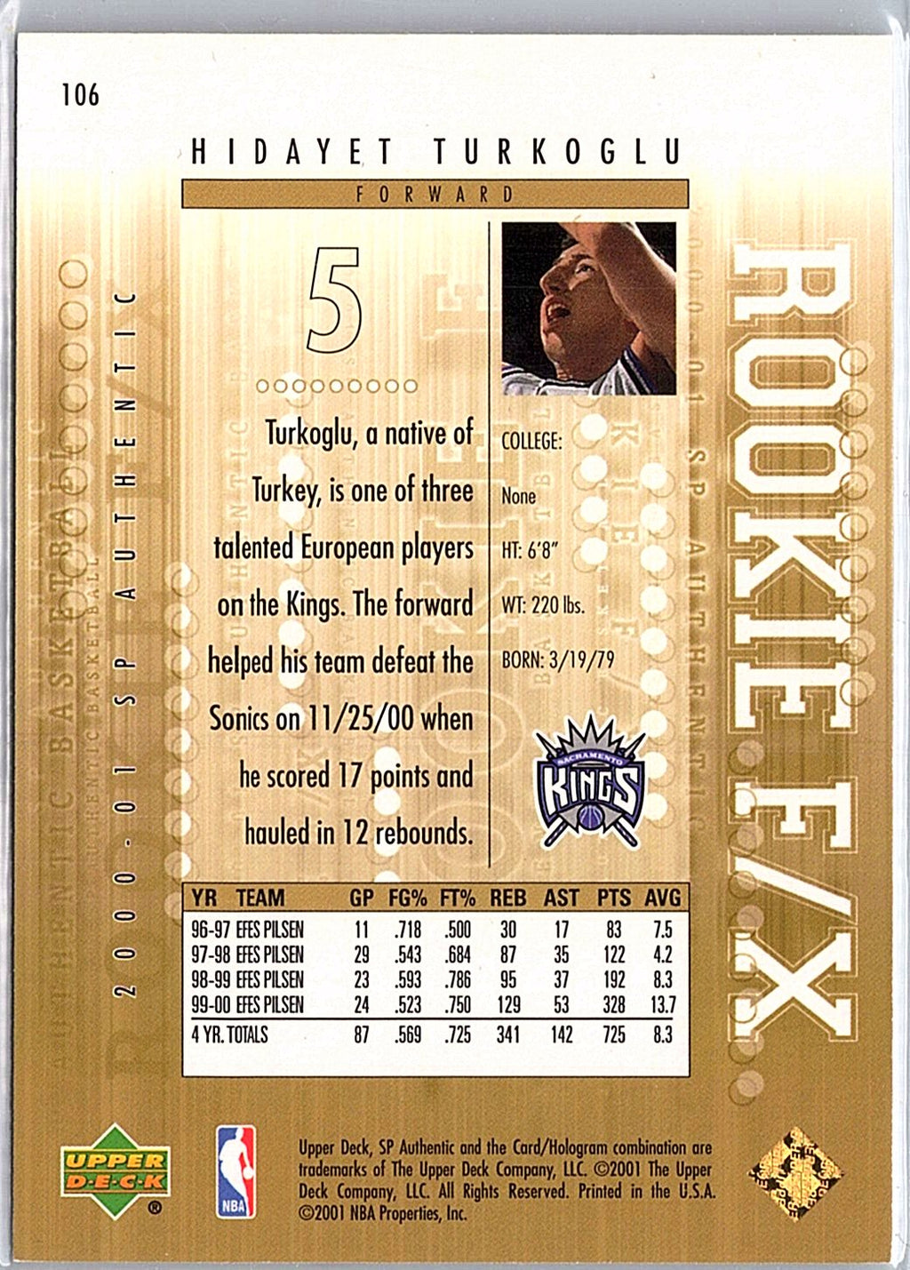 2000-01 SP Authentic #106 Hidayet Turkoglu #/1250
