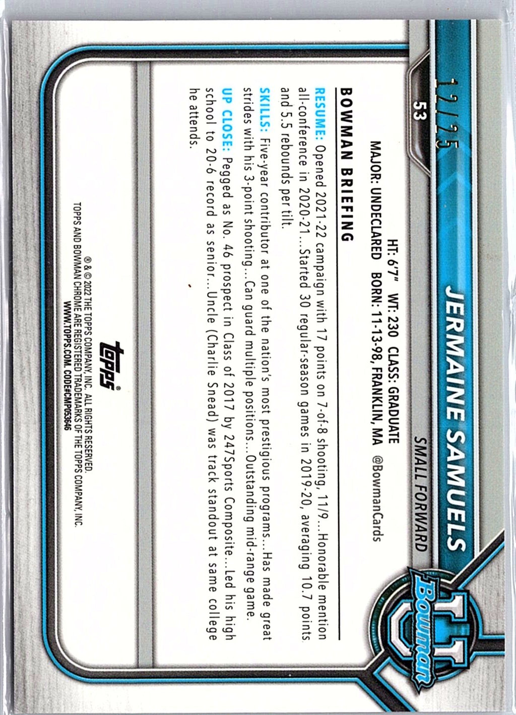 2021-22 Bowman University #53 Jermaine Samuels Orange #/25